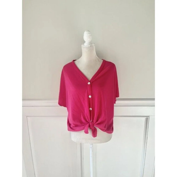Aura Tie Front Pink Button Down Short Sleeve Blouse Top S - Picture 1 of 4